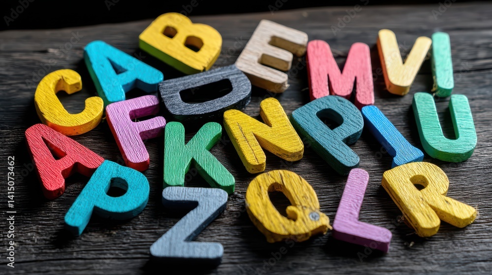Obraz premium Colorful wooden alphabet letters scattered on a dark wooden surface, creating a playful and educational atmosphere with vibrant tones and textures.