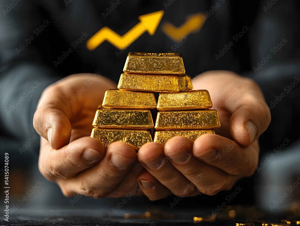 Fototapeta premium Businessman holding a stack of gold bars with an upward trending arrow