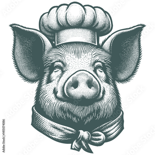 Vintage pig Chef Illustration, Black and White Engraving Style