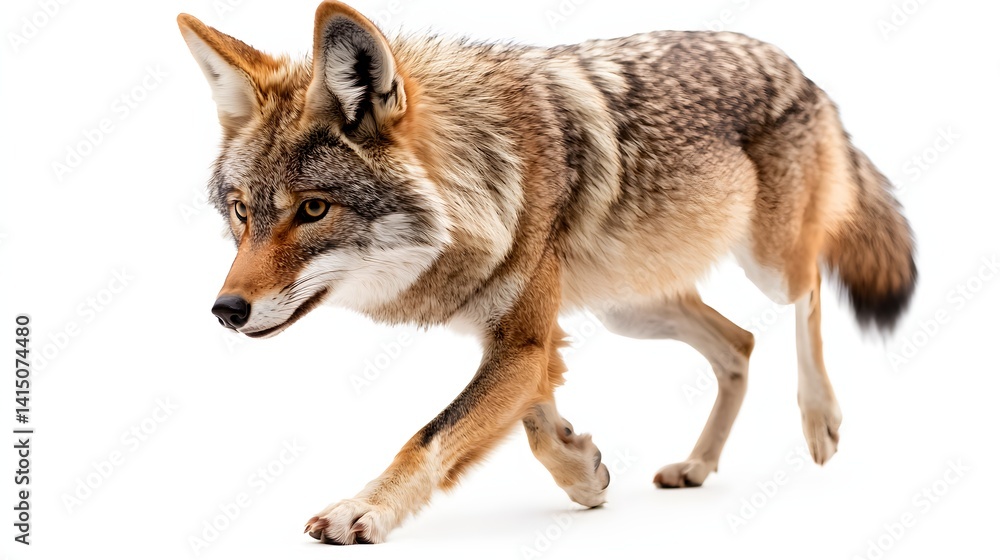 Fototapeta premium Coyote Walking Confidently in a Natural Environment Against a White Background