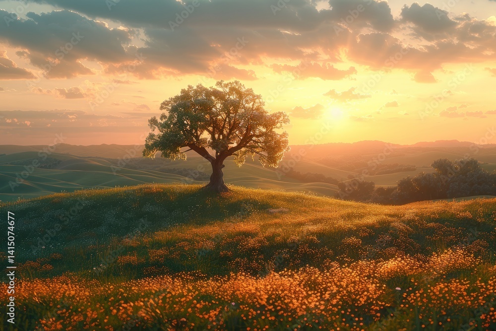 picturesque sunset over rolling hills with a lone tree silhouetted against the sky