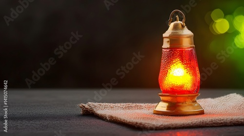 Vintage Red Lantern Litting Up a Cozy Space with Warm Glow on a Table Surface in Dim Lighting