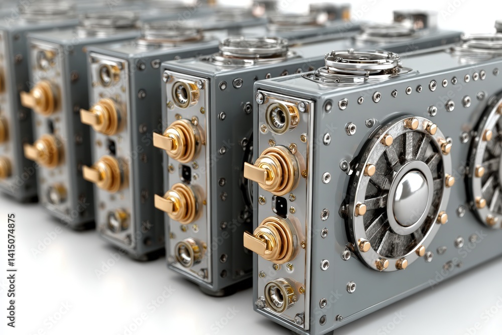 Obraz premium A close-up view of futuristic, metallic devices featuring intricate designs, knobs, and dials, resembling advanced technology or equipment.