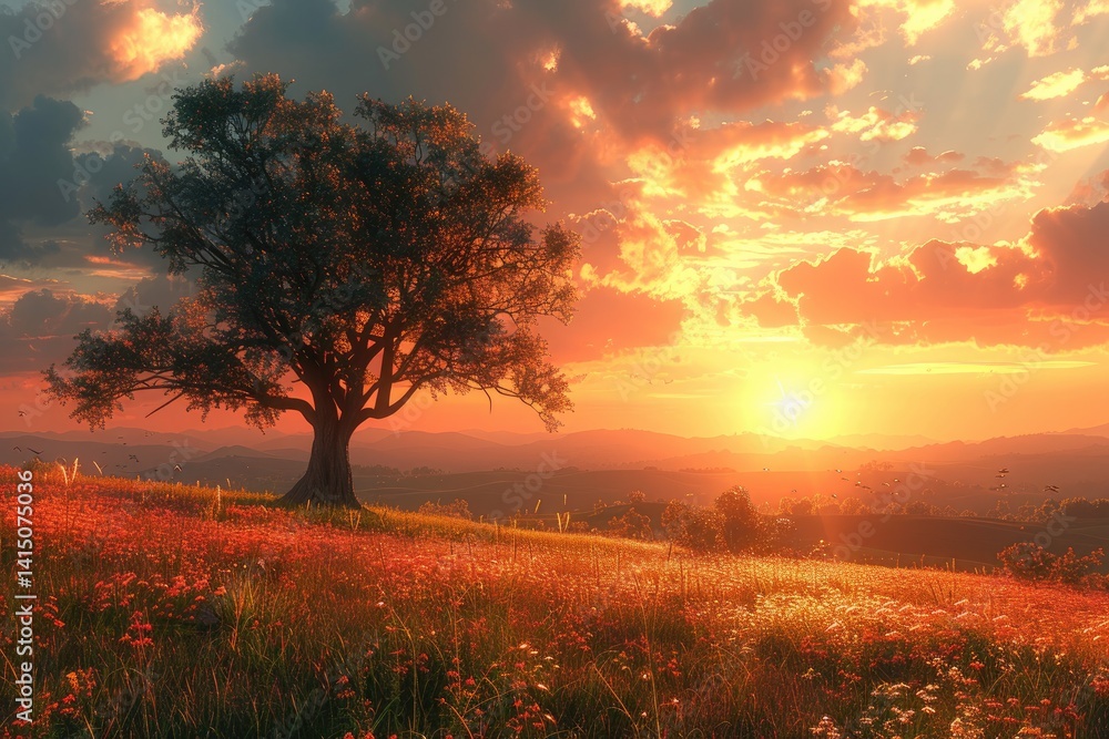 picturesque sunset over rolling hills with a lone tree silhouetted against the sky