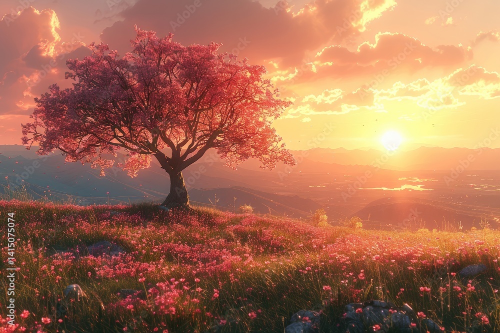picturesque sunset over rolling hills with a lone tree silhouetted against the sky