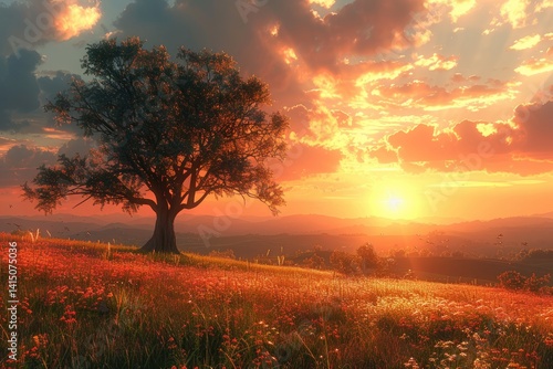 Obraz na płótnie picturesque sunset over rolling hills with a lone tree silhouetted against the sky w salonie