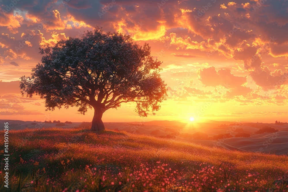 picturesque sunset over rolling hills with a lone tree silhouetted against the sky