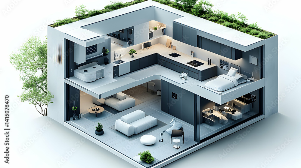Cutaway view of a modern home featuring a sleek kitchen living space bedroom and office with trees on the roof and o Cutaway view of a modern home featuring a sleek kitchen living space bedroom and office with trees on the roof and o