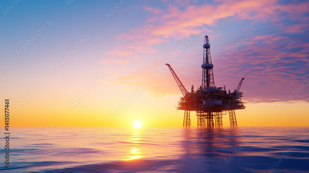 A drilling platform stands in calm waters against a vibrant sunset, showcasing the intersection of industry and natural beauty. A drilling platform stands in calm waters against a vibrant sunset, showcasing the intersection of industry and natural beauty.