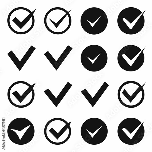 A Collection of Various Check Mark Icons in Black Silhouette Style