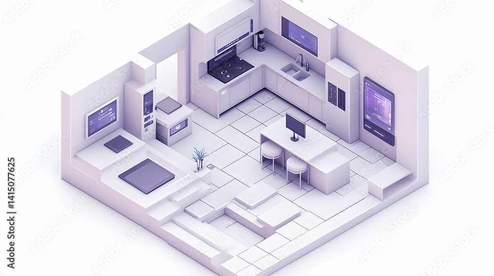 Isometric view of a modern living space featuring a kitchen with island stove fridge and a sitting area with TV Isometric view of a modern living space featuring a kitchen with island stove fridge and a sitting area with TV