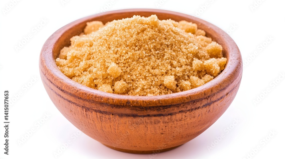 Organic Brown Sugar Granules Piled in a Rustic Wooden Bowl on a White Background Organic Brown Sugar Granules Piled in a Rustic Wooden Bowl on a White Background