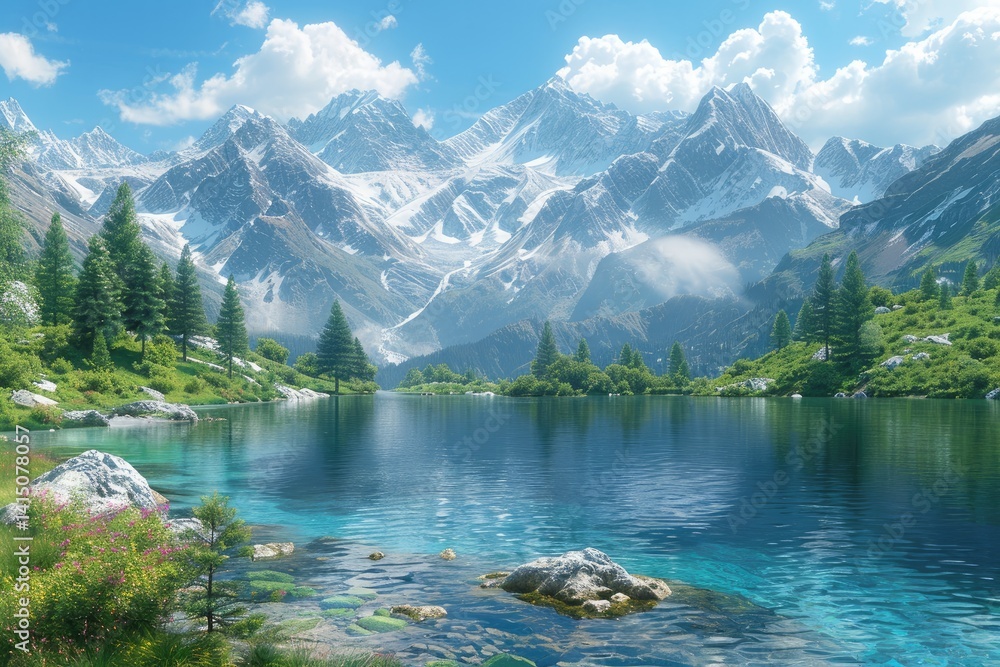 breathtaking mountain range with snow-capped peaks under a clear blue sky