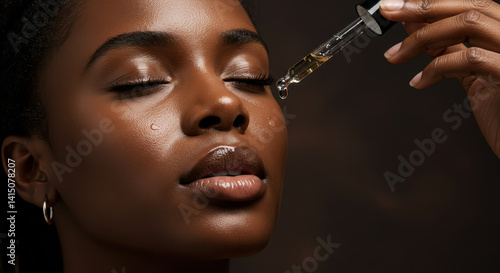 Glowing Skin Elixir: Beautiful Black Woman Applying Luxurious Facial Serum for Radiant, Healthy, and Hydrated Skin. Achieve Your Natural Glow!