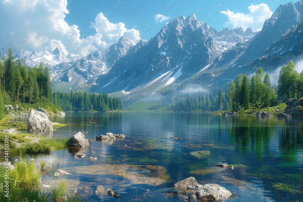 breathtaking mountain range with snow-capped peaks under a clear blue sky