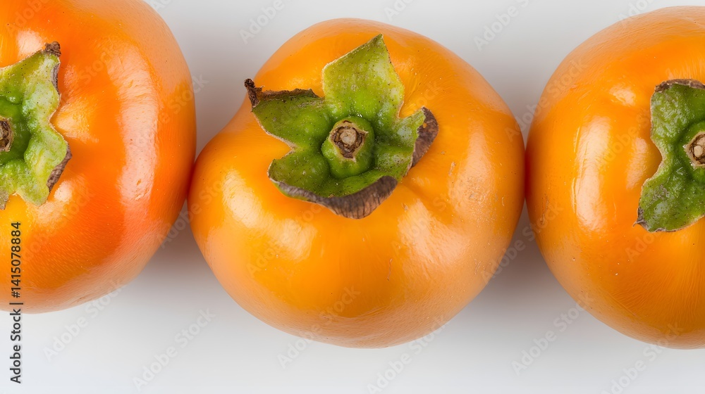 Three Ripe Persimmons Displayed on a White Background Showcasing Their Natural Vibrant Color Three Ripe Persimmons Displayed on a White Background Showcasing Their Natural Vibrant Color