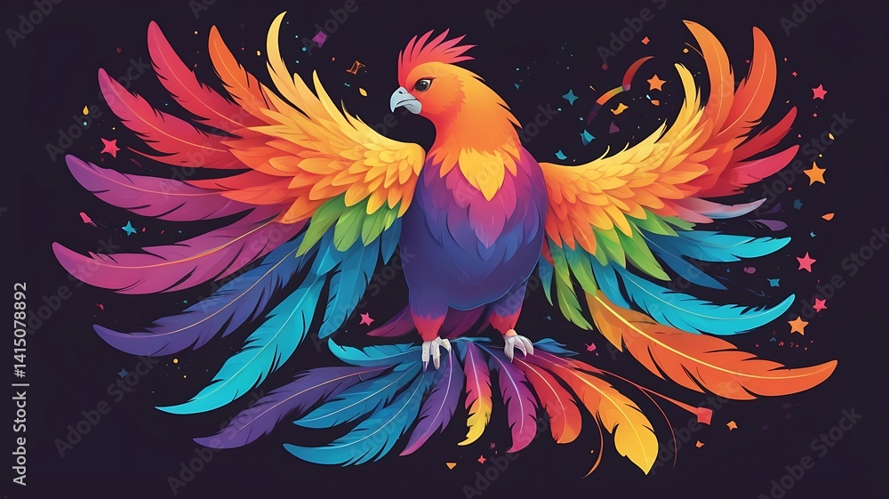Fototapeta premium Chubby phoenix with rainbow feathers, mystical vibes, glowing vector art