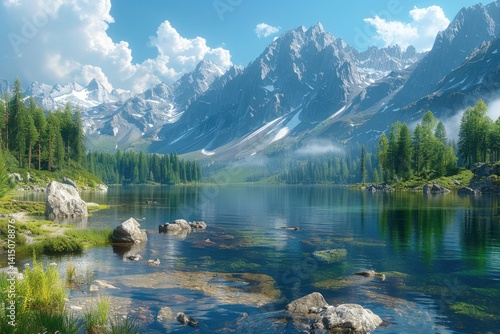 Obraz na płótnie breathtaking mountain range with snow-capped peaks under a clear blue sky w salonie