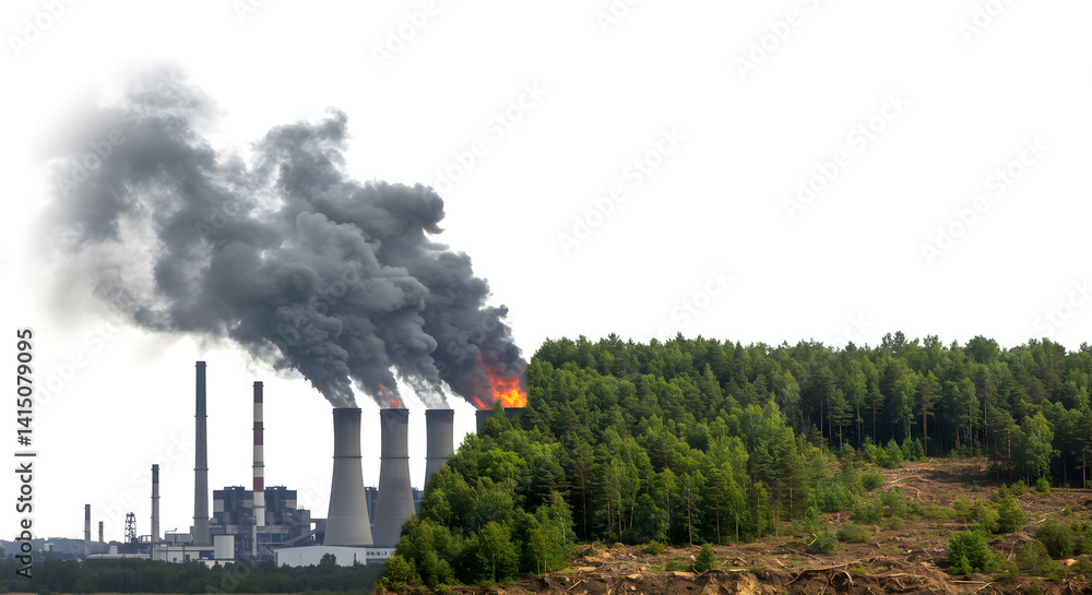 Fototapeta premium Industrial Pollution Threatening Green Forest Landscape