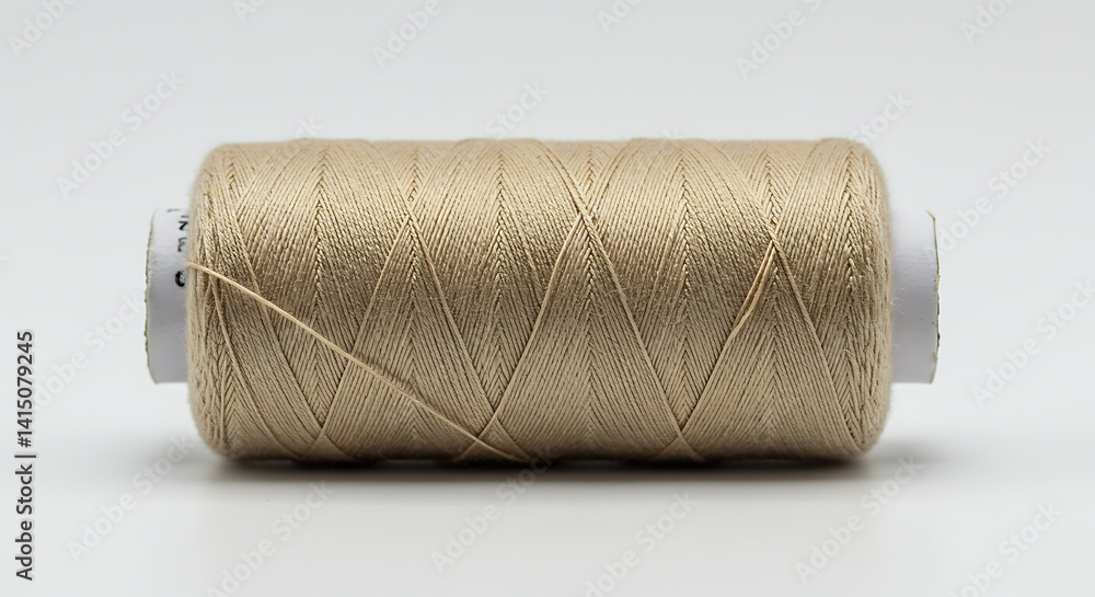 Biege Sewing Thread Spool Lying on Its Side on White Background