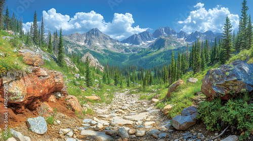 Mountainous landscape with a rocky path and pine trees under a bright blue sky dotted with fluffy clouds in a vast outdo