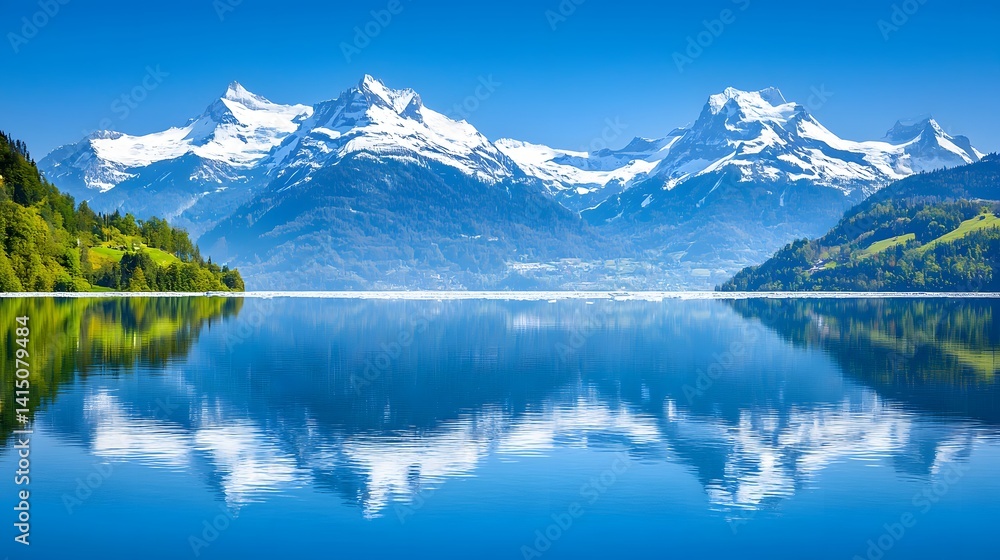 Majestic Snow-Capped Mountains Reflecting in a Crystal Clear Lake Under a Bright Blue Sky Majestic Snow-Capped Mountains Reflecting in a Crystal Clear Lake Under a Bright Blue Sky