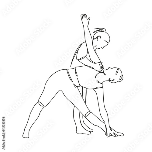 One continuous single drawing line art flat doodle yoga, instructor, asana, fitness, pose, workout. Isolated image hand draw contour on a white background, hand drawn, not AI