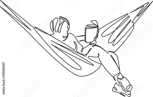 One continuous single drawing line art flat doodle book, hammock, reading, woman, lying, holiday. Isolated image hand draw contour on a white background, hand drawn, not AI