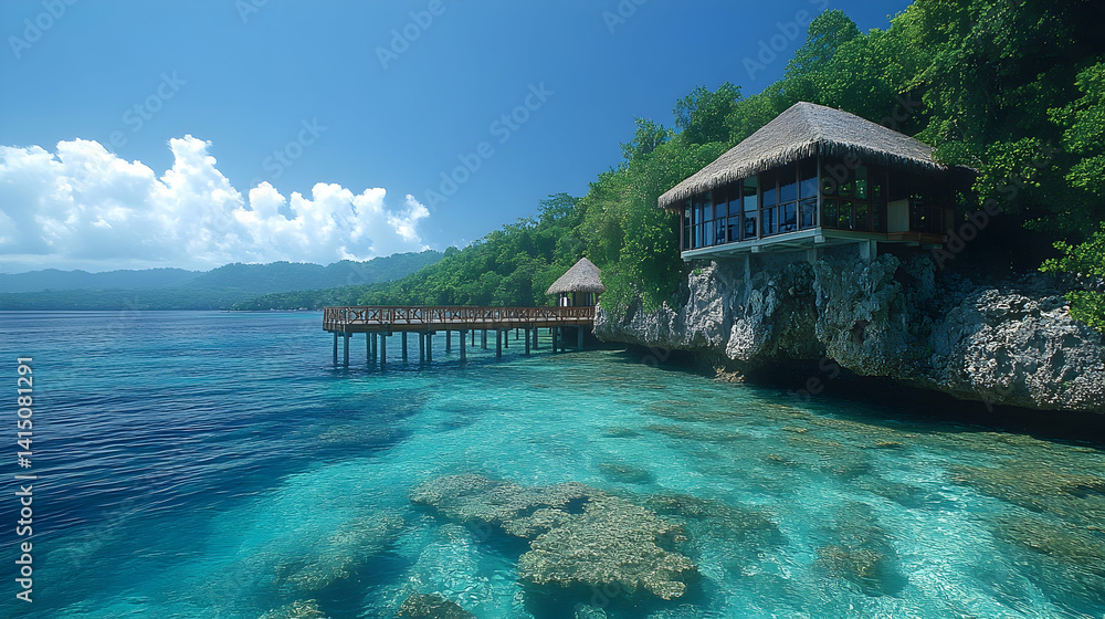 Obraz premium Turquoise water surrounds a tropical hut atop a rocky cliff connected by a wooden pier under a clear blue sky