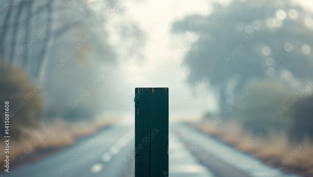 Fototapeta premium Blank Dark Green Wooden Sign on a Blurred Road