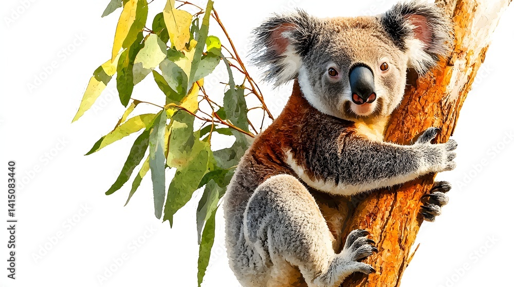 Fototapeta premium Koala Climbing a Eucalyptus Tree in Natural Habitat Surrounded by Green Leaves