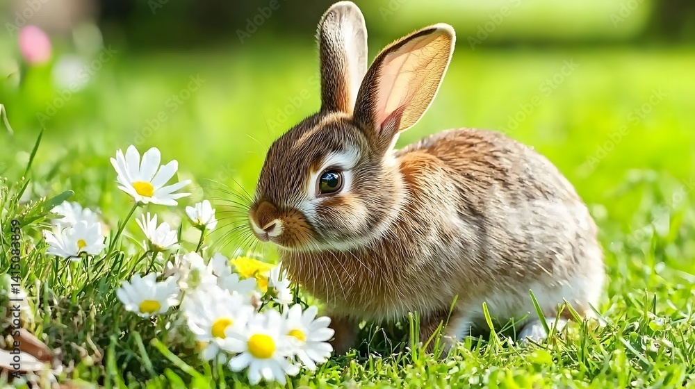 Small Brown Rabbit Sniffing Daisies in a Lush Green Meadow on a Sunny Spring Day Small Brown Rabbit Sniffing Daisies in a Lush Green Meadow on a Sunny Spring Day