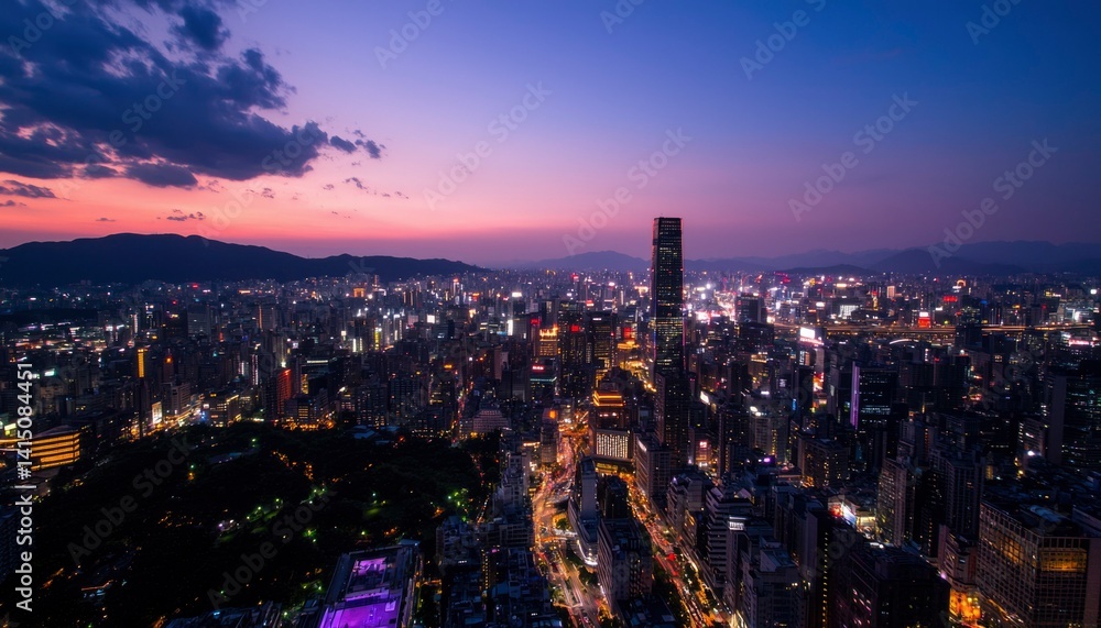 Fototapeta premium Cityscape at twilight. Urban panorama