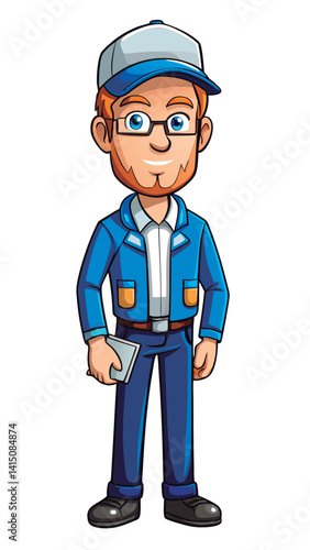 Vector illustration of a Friendly mechanic holding documents.