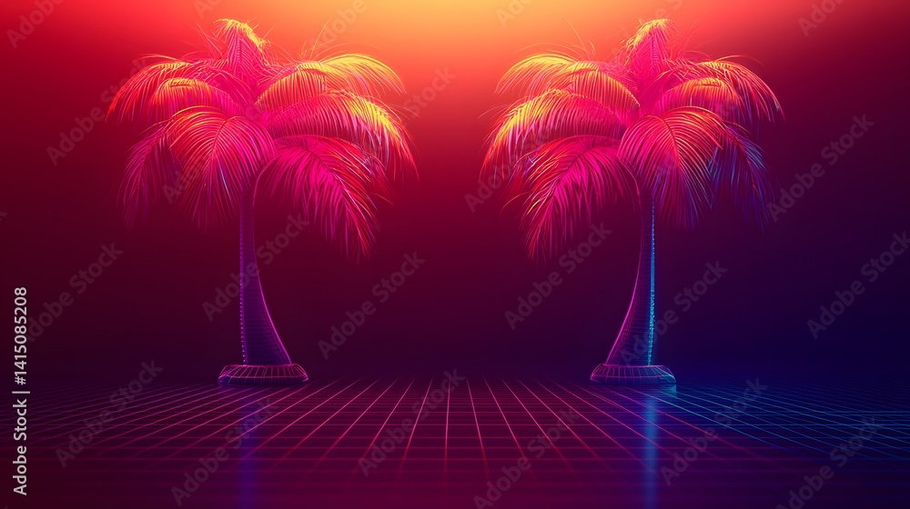Naklejka premium Neon Palm Trees with Vibrant Lighting and Digital Landscape in a Futuristic Setting