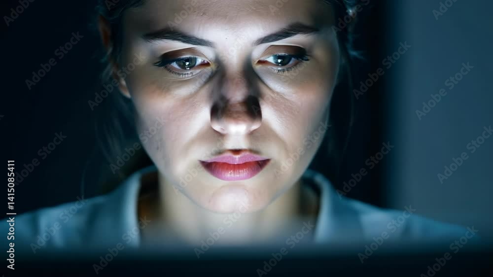 Young woman illuminated by screen light in dark room. Her face gradually becomes more visible as the blue light intensifies, revealing concentrated expression while using digital device at night. Young woman illuminated by screen light in dark room. Her face gradually becomes more visible as the blue light intensifies, revealing concentrated expression while using digital device at night.