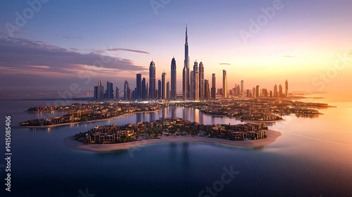 Panoramic View of Dubai Skyline and Luxury Island at Sunset, United Arab Emirates