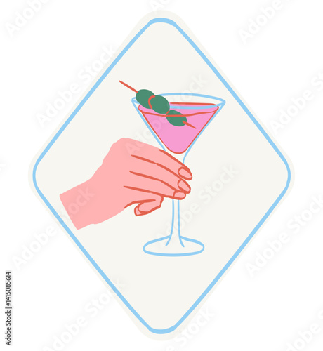 Cocktail or martini postage stamps. Vector illustration of holding glass with martini and olives perfect for print, placards or poster and wall art design. Vacation postal sticker.