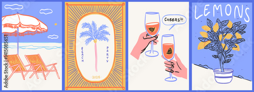 Italian summer vacation placards or poster. Vector illustration of palm tree, lounge, hands with cocktails, beach, sea, lemons perfect for summer wall art decoration, print and invitation cards.
