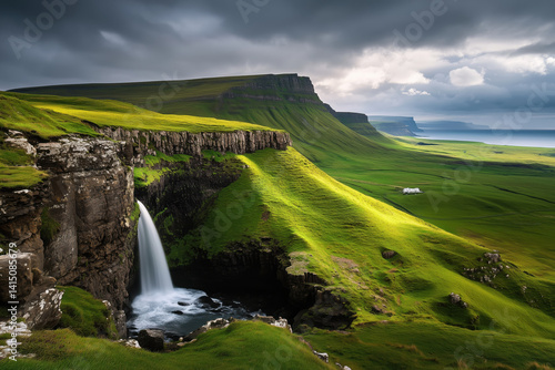 Faeroe Islands misty green landscape, cloudy weather, amazing travel background, AI generated image.