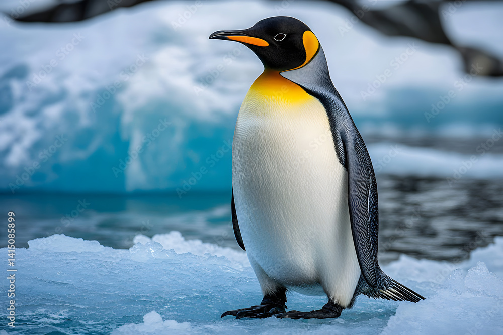 Fototapeta premium An emperor penguin gracefully stands on the icy surface, overlooking the cold ocean waters at dawn