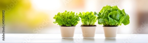 Three Potted Green Lettuce Plants Growing Vibrantly in Sunlit Indoor Setting