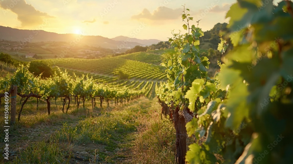 Fototapeta premium Sunlight casts a warm glow over expansive grapevines in a vineyard during sunset. The rolling hills and distant mountains create a peaceful backdrop, highlighting natures beauty