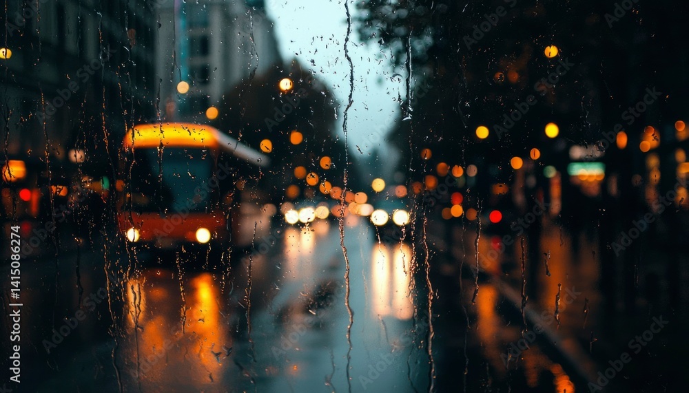 Fototapeta premium Rainy city street view through a window