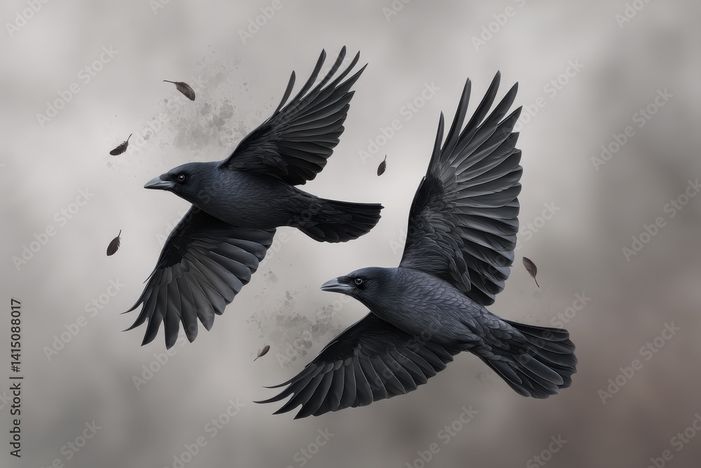 Obraz premium black flying crow with white background tattoo sketch 