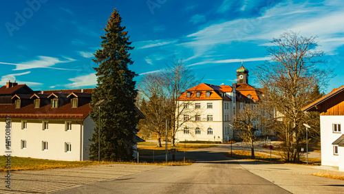 Obraz na płótnie Old buildings on a sunny winter day at Kostenz, Perasdorf, Straubing-Bogen, Bavarian forest, Bavaria, Germany w salonie