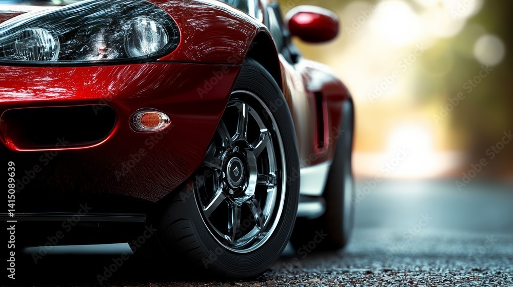Red car with a shiny black tire. The car is parked on a road Red car with a shiny black tire. The car is parked on a road