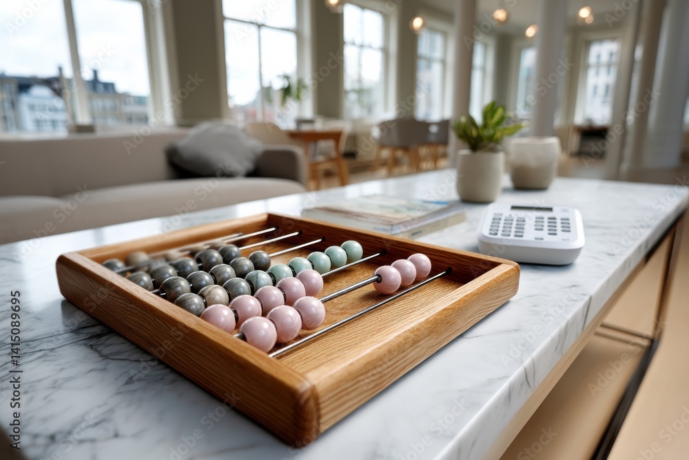 A beautifully arranged indoor table showcasing an abacus and potted plants enhances a modern aesthetic, merging functionality with nature for an inspiring environment. A beautifully arranged indoor table showcasing an abacus and potted plants enhances a modern aesthetic, merging functionality with nature for an inspiring environment.