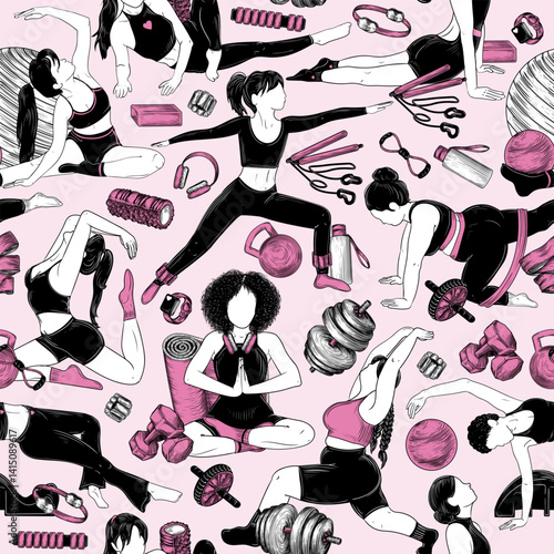 Vector seamless pattern with women doing pilates. Background of international with different types of figure girls doing fitness. Exercise illustration. Sports women's club. International Yoga Day 