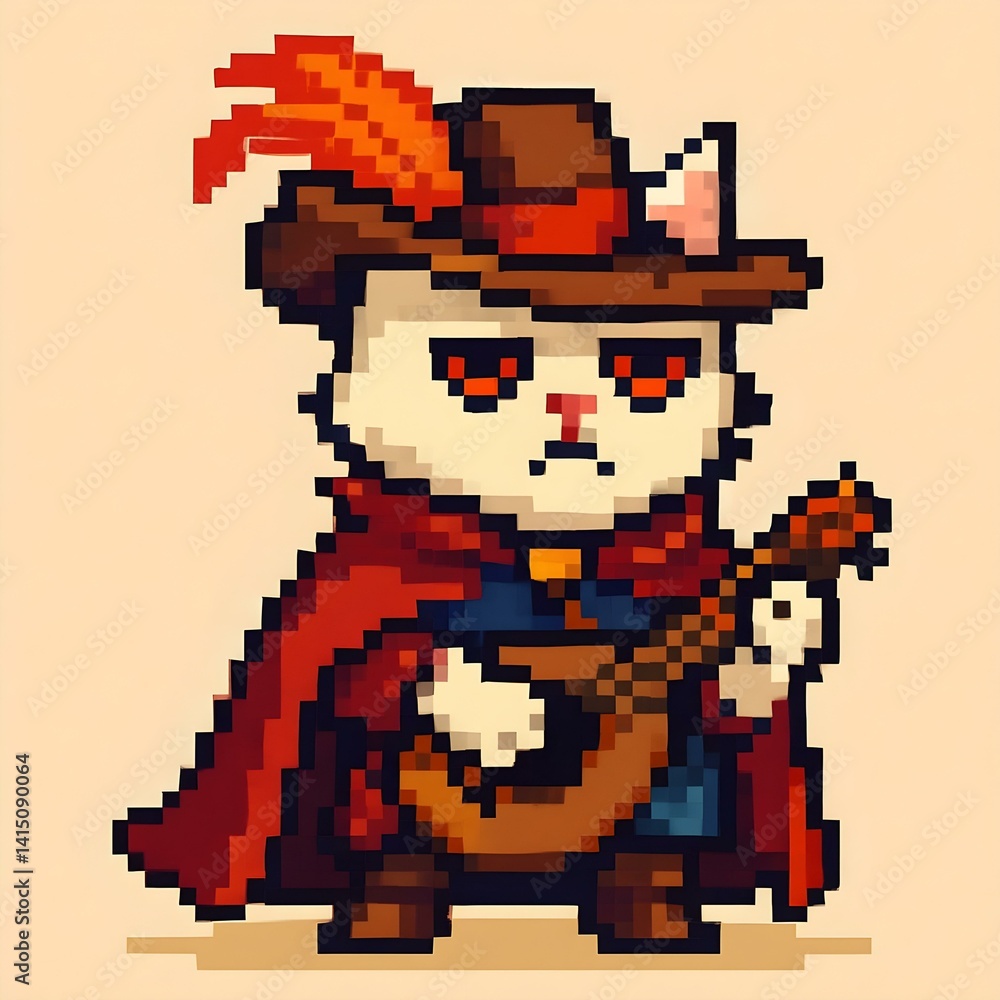 Fototapeta premium Stern Bard Cat Pixel Art – Gloomy Fantasy Musician